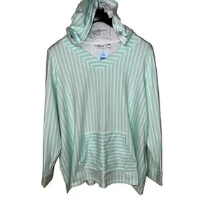 2X Denim & Co. Hoodie TOP Mint Green Stripe French Terry V-Neck D & Co. QVC NEW - Picture 1 of 10
