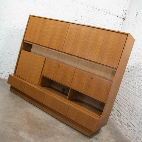 MCM Teak Veneer German Shrunk Wall Unit Secretary Liquor Cabinet 2 Piece Cover