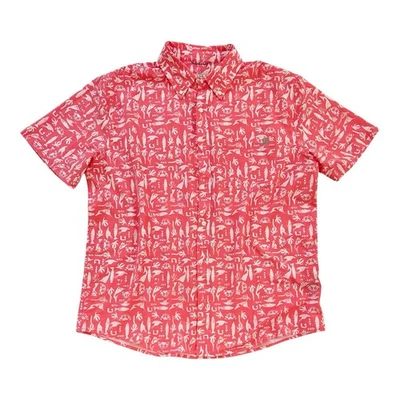 Camisa de pesca Huk Batiki Kona XL roja lavada al sol manga corta ropa informal Foto 1 de 3