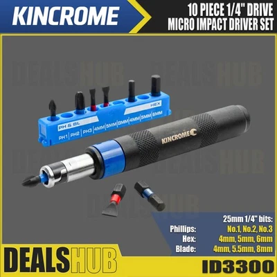Juego de brocas y destornillador de impacto micro accionamiento hexagonal KINCROME 10 piezas 1/4" ID3300 Foto 1 de 4