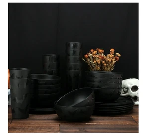 Mainstays 30-Piece Plastic Etched Halloween Bat Pattern Dinnerware Set, Black.. - Picture 1 of 4