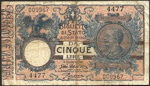 Italie - Vittorio Emanuele III - billet de 5 lire 14-10-1917 ! P#23E - Picture 1 of 2