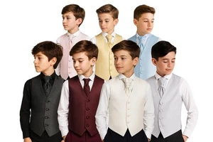 BOYS FORMAL WAISTCOAT CRAVAT HANDKERCHIEF SET WEDDING PROM COMMUNION CHRISTENING - Picture 1 of 9