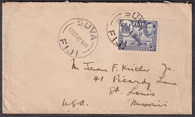 Fiji 1942 cover & All First Class Mail By Air Coming! airplane label Suva to USA - Image 1 of 2