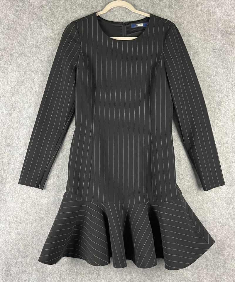 Polo Ralph Lauren Wool Blend Dress Women 8 Black Pinstripe Flounce Ruffle Preppy - Image 1 of 4