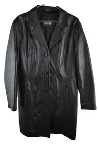 Cappotto lungo pelle nero SECOND SKIN taglia UK 16 donna con bottoni vintage casual - Foto 1 di 9