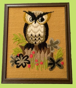 Cuadro vintage años 70 búho enmarcado punta de aguja hilo crewel bordado boho 19x16 - Imagen 1 de 22