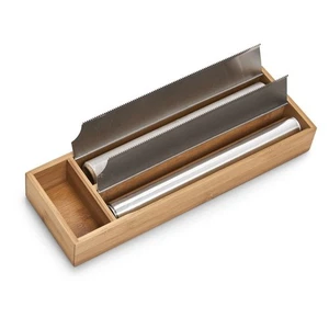 Folien-Abreißbox Bambus/Edelstahl – 2 Fächer, gezahnte Kante, 39,5×13×5,4 cm - Bild 1 von 4