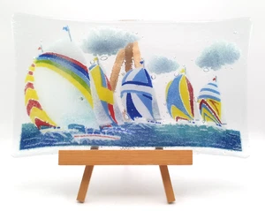 De colección Peggy Karr Vidrio Fundido Rectangular Velero Regata Placa Nubes Burbujas - Imagen 1 de 8