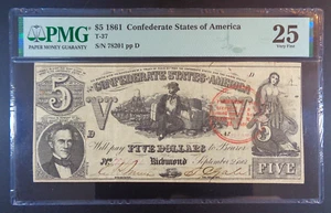 1861 CSA $5 Banknote, T-37, Cr. 284, Trans-Mississippi Stamp, PMG VF 25. - Picture 1 of 2