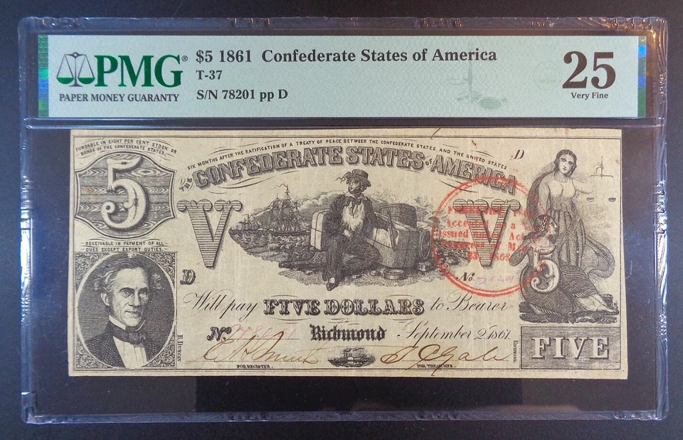 1861 CSA $5 Banknote, T-37, Cr. 284, Trans-Mississippi Stamp, PMG VF 25. - Image 1 of 2