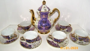 Orion Japan Lusterware Teapot & 6 Demitasse Cups & Saucers Purple Lilac/Gold VTG - Picture 1 of 13