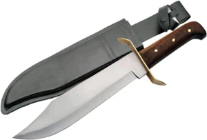 15” Classic Wood Handle Carbon Steel Bowie Blade Leather Sheath Outdoor Camping - Picture 1 of 11
