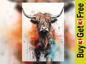 Rustic Elegance: Longhorn Cow Watercolor Painting Print 5"x7" - Picture 1 of 6