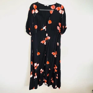 M&S X Ghost Sz 20 Black Red Floral V Neck Button Through Midi Tea Dress Designer - Picture 1 of 13