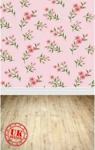 photography backdrop background wooden floor flower pink wallpaper wall 5x7ft - Picture 1 of 3