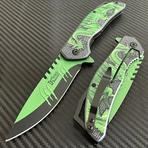 8.75” Tactical Green Dragon Engraved Spirng Assisted Open Pocket Knife Hunting - Picture 1 of 5
