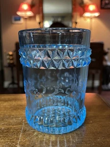 4"x3" 8 oz EAPG Antique Glass Blue Tumbler Wildflowers Pattern Adams Co. 1874 - Picture 1 of 8