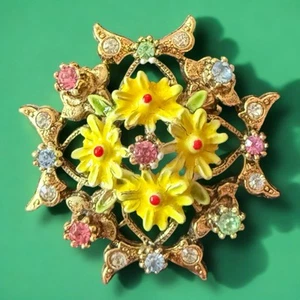Signierte ART Blumen Brosche Gelb Emaille Pastell Strass Vintage Uran Glow - Bild 1 von 9
