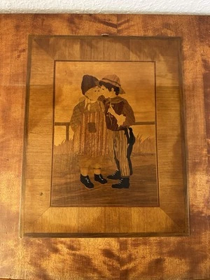 Holztafel Intarsien Einlegearbeit Kinderpaar  - Bild 1 von 4