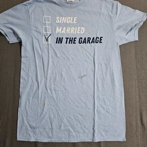Delta Medium Blue "In The Garage" Dad Cotton Graphic Short Sleeve T-Shirt - Picture 1 of 6
