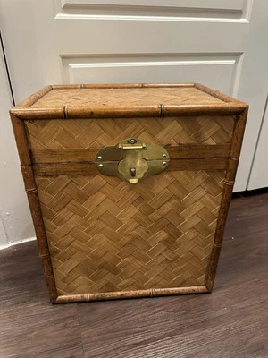 Vintage Bamboo & Brass Chest Trunk Box End Table-Wicker Storage-Boho-Cube-MCM - Image 1 of 4