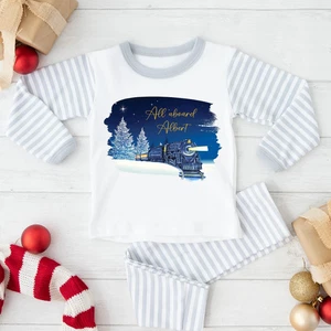 Personalised Christmas Train Grey Striped Pyjamas - Picture 1 of 5