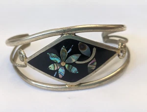 Vintage Mexican Abalone Shell Inlay Cuff Bracelet – Floral Design, Silver Tone - Picture 1 of 6