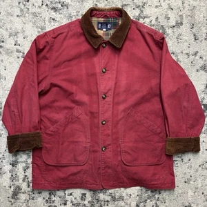 Lands End Chore Coat Jacket Men’s XL Red Corduroy Collar Plaid Lined - Picture 1 of 7