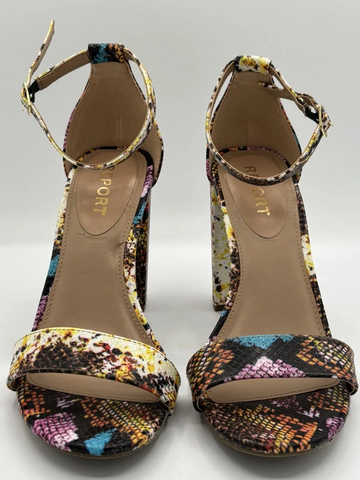 Zapatos de salón Report con tacón arco iris para mujer 9 piel de serpiente gruesos declaración punta abierta Foto 1 de 4