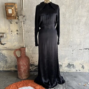 Vintage 1930s Black Silk Satin Gown Dress Art Deco Maxi Long Sleeve Keyhole - Picture 1 of 23