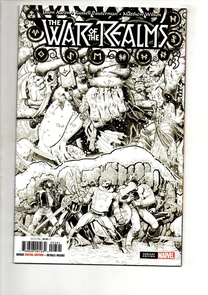 (JT)  Marvel War Realms 3 Comic High Grade NM 9.2 Rare 1:200 Variant Aaron B&W - Image 1 of 1
