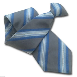 Grey Mens Silk Clip On Tie Clipper with Banded Blue and White Stripes - Picture 1 of 4