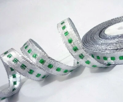 1/2"/ 13mm wide - 25 yds Silver Metallic w/ Green Checks Metallic Ribbon MR11 - Image 1 of 4