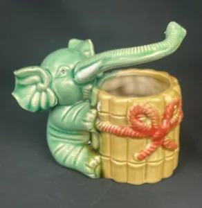 Vintage MCM "Lucky" Elephant Green Bamboo Planter With Bow, Long Trunk - Picture 1 of 7