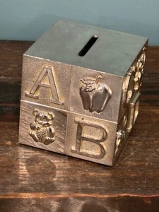 Silver Plated Block Piggy Bank Box Cube 3" ABC Apple Bear Cat Duck Elephant nice - Picture 1 of 9