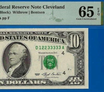 1993 $10 Federal Reserve Note PMG 65EPQ Up Ladder 12233333 Fancy Serial - Image 1 of 3