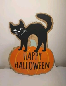 Black Cat Pumpkin Happy Halloween Hanging Sign Plaque Decor New - Picture 1 of 2