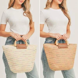 Brown or Beige Straw Tote Bag with Wooden Handle - Picture 1 of 14