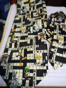 Looney Tunes Mania Crossword Puzzle Warner Bros Bugs, Daffy,Taz Neck Tie 1996 - Picture 1 of 6