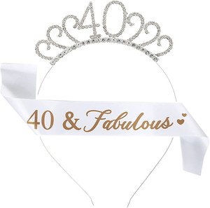 40th Happy Birthday Sash / Tiara for Women - white gold satin