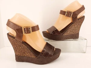 Kana Brown Leather. Bronze Print Wedge, Straw Accent Platform Heels. - Picture 1 of 11
