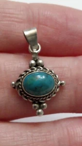 Dainty 925 Sterling Silver Chrysocola Necklace Pendant 1 1/8 inch - Picture 1 of 7