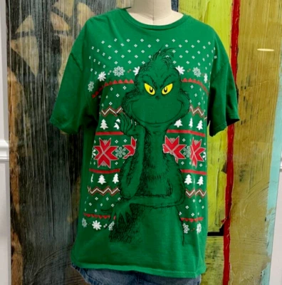 Dr Seuss' The Grinch 男女皆宜 ~ 尺寸 L ~ 绿色图形假日印花 100% 棉 美国 — 第 1/4 张图片