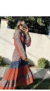 Zara Geometric Patchwork Paisley Midi Shirt Dress Tunic Frill Layer S RARE - Picture 1 of 5
