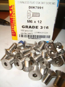 M6 x 12mm- box of 100 Socket Screw Countersunk Flat Head Stainless Steel 316 - Picture 1 of 4