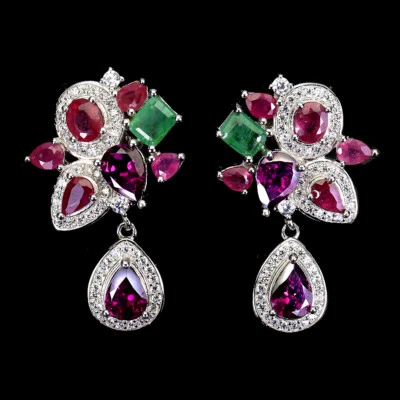 925 Sterling Silver Earrings Rhodolite Emerald Ruby Natural Gemstone Jewelry - Image 1 of 4