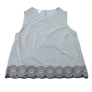 Talbots Tank Top 2X Blue White Geometric Embroidered Scallop Hem Preppy Bohemian - Picture 1 of 8