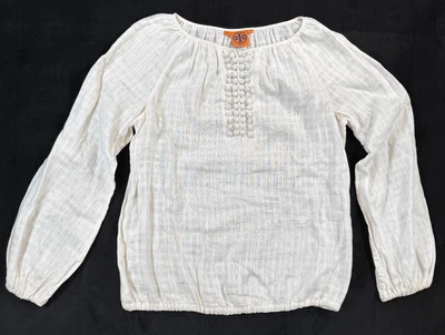 Blusa top para mujer Tory Burch blanca 100 % lino manga larga, talla 8 Foto 1 de 4