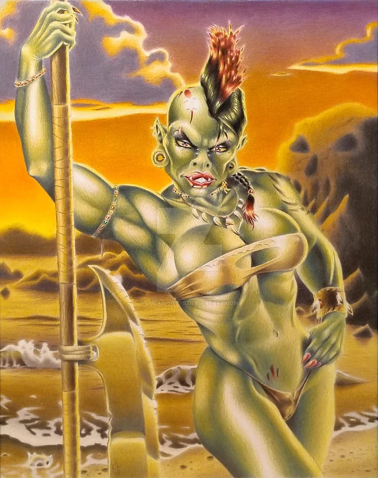Colored pencil drawing of a female orc warrior on a beach - Image 1 of 1